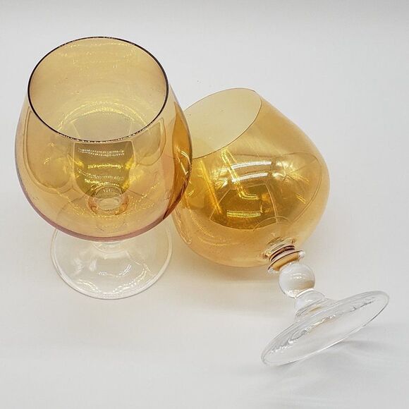 Set of 2 Iridescent Amber Glass 6" Brandy Snifters - Picture 6 of 10